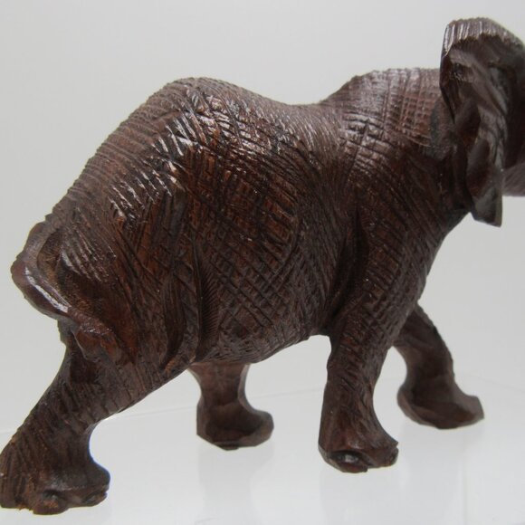 Vintage raised trunk resin elephant with tusks - brown textured faux wood - 3" - Picture 5 of 11